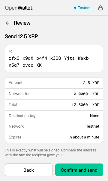 The review screen for sending 12.5 XRP.