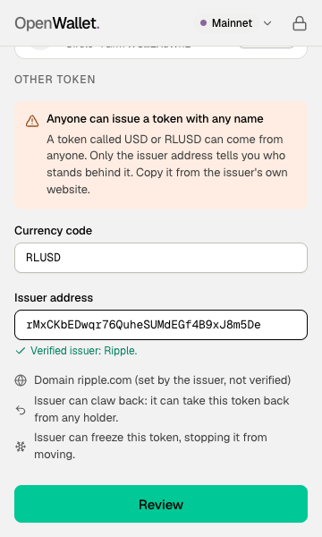 Adding RLUSD: the verified issuer, and the facts that Ripple can freeze and claw back RLUSD.